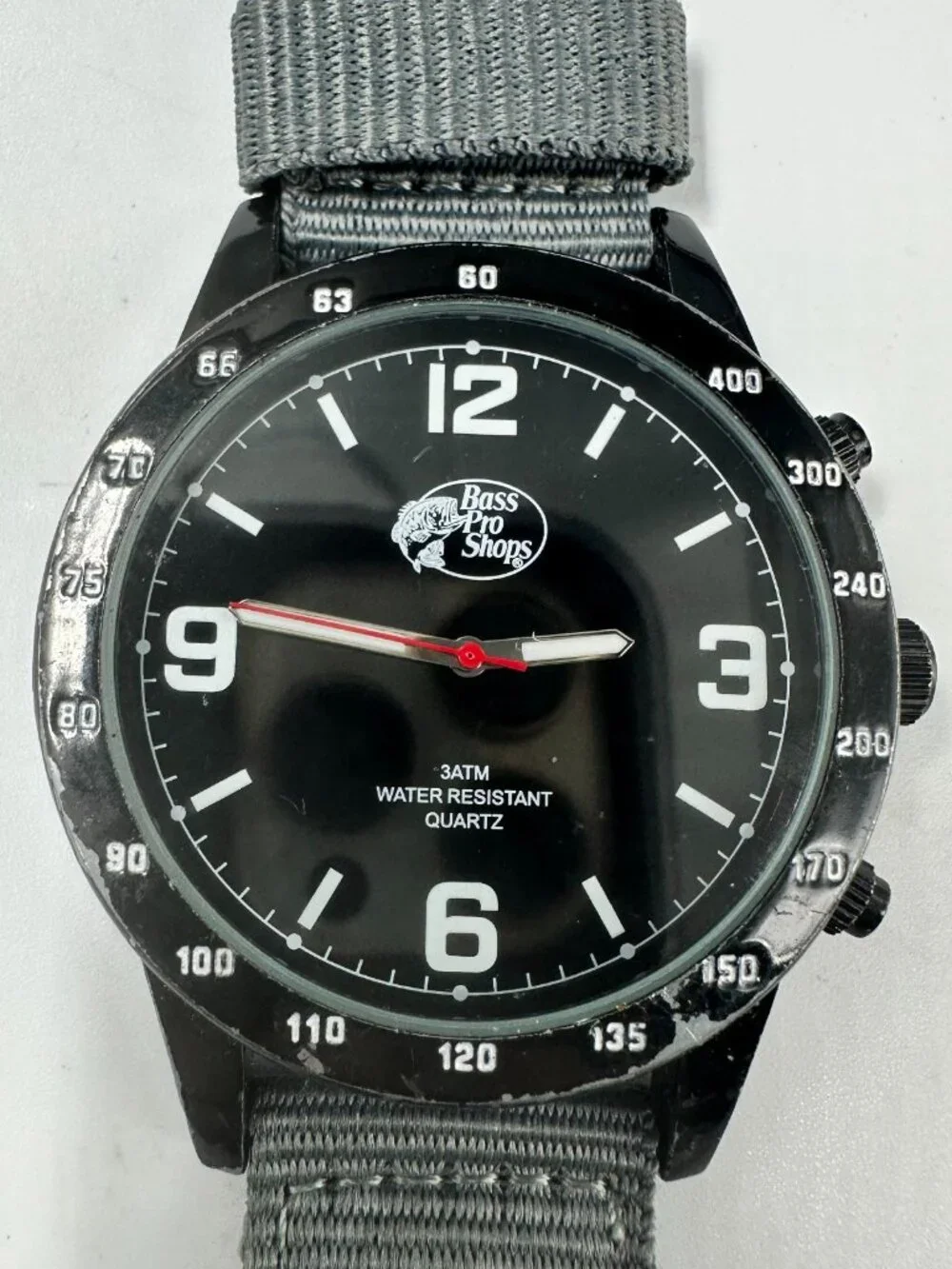 Bass Pro Shops Watch Men Black Dial 46MM Grey Canvas Band New Battery 9